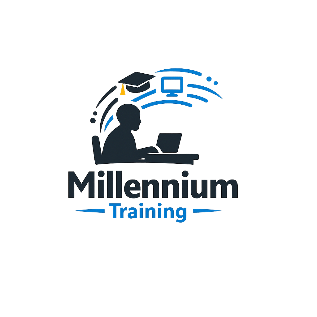 Logo of Millennium Training showing a person at a desk with a laptop, a graduation cap, and a computer icon above, with blue lines suggesting motion or connectivity.