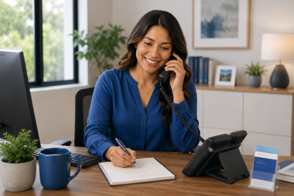Woman smiling on phone at desk