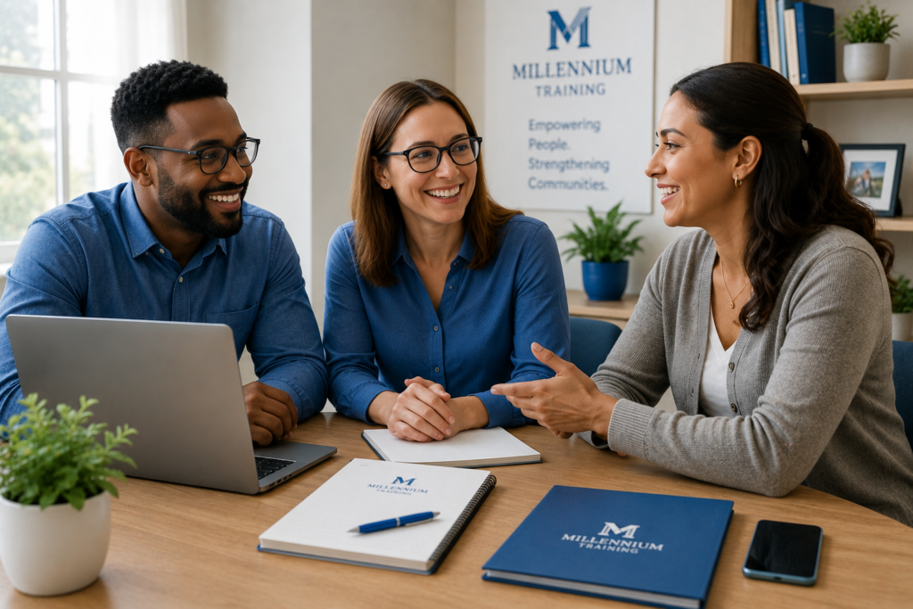 hree professionals sit at a table with a laptop and documents, discussing financial planning in an office.