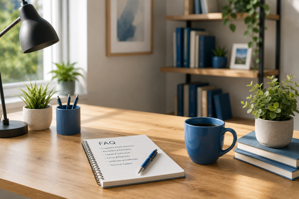 Wooden desk with a notebook, blue pen, and blue mug beside small potted plants near a window.
