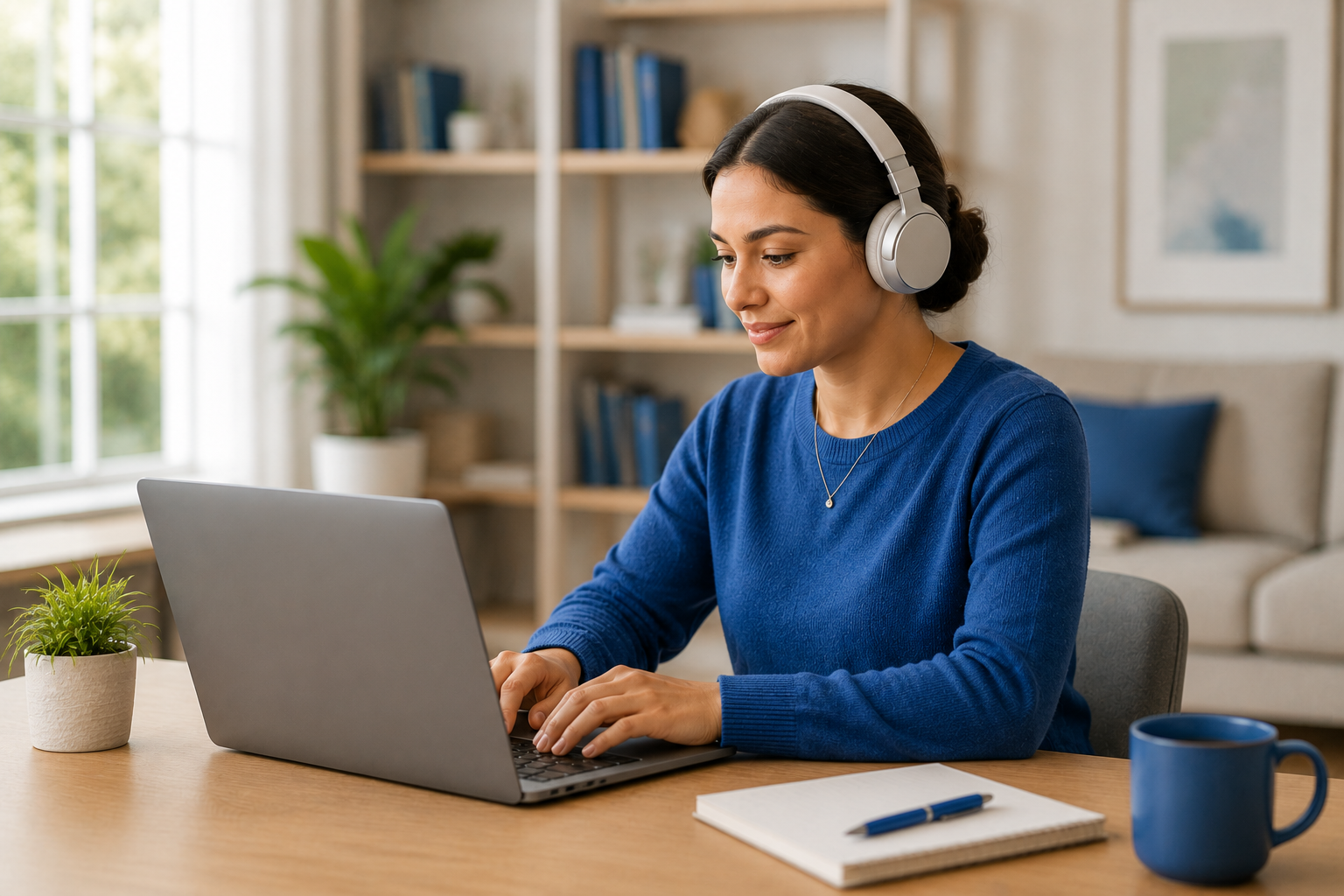 Woman wearing headphones works on a laptop at a wooden desk in a bright home office