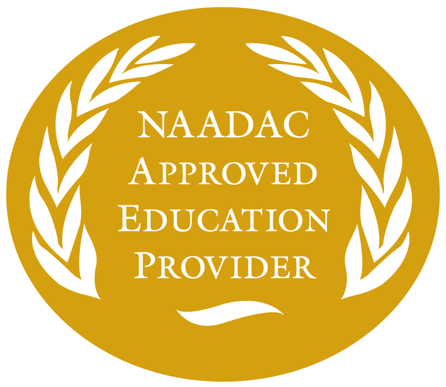 A gold circular badge with white laurel branches and the words NAADAC Approved Education Provider in the center, signifying official program accreditation.