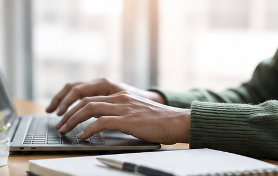 A person in a green sweater types on a laptop at a desk with a notebook, pen, and small potted plant, with soft natural light coming through a window.