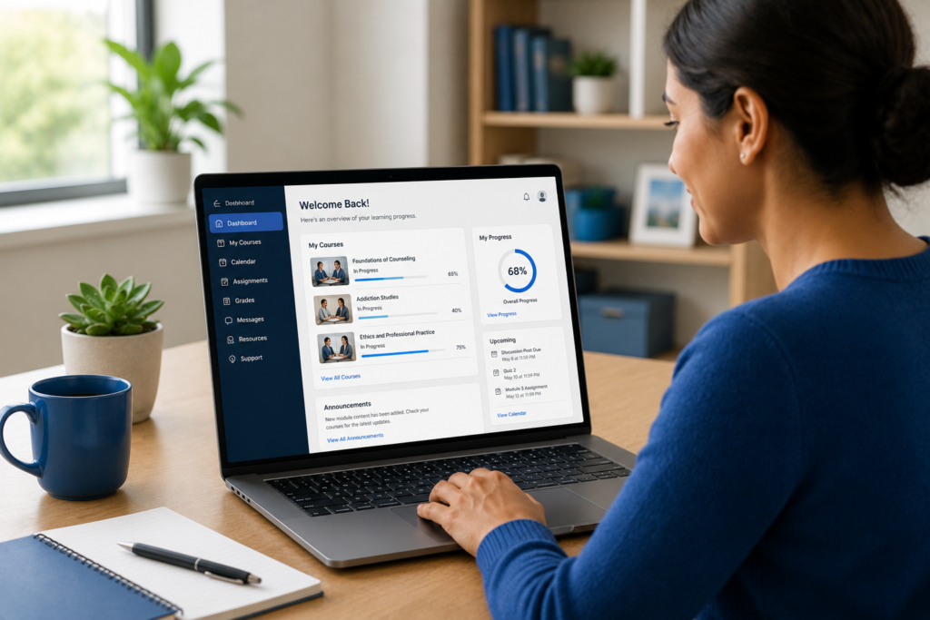 Woman sitting at a desk using a laptop displaying a project management dashboard with charts and team progress.