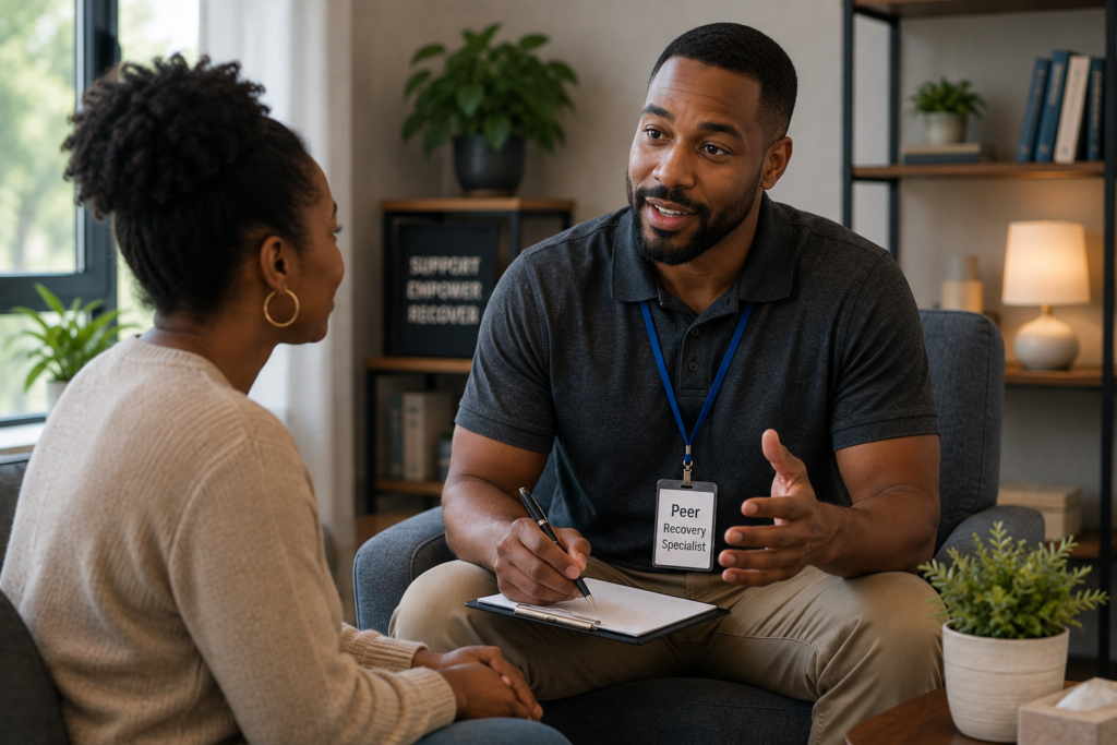 Peer Recovery Specialist Training graduate supporting a client in a peer support session