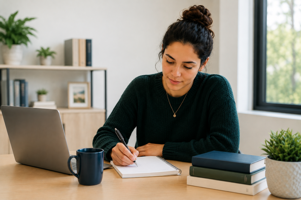 Woman writing at desk with laptop and books.