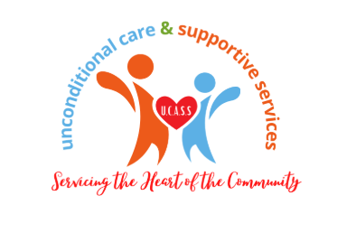 Logo showing two stylized figures, one orange and one blue, holding a red heart with ‘MHC’ inside. Text reads ‘Unconditional care & supportive services’ and ‘Serving the heart of the community.