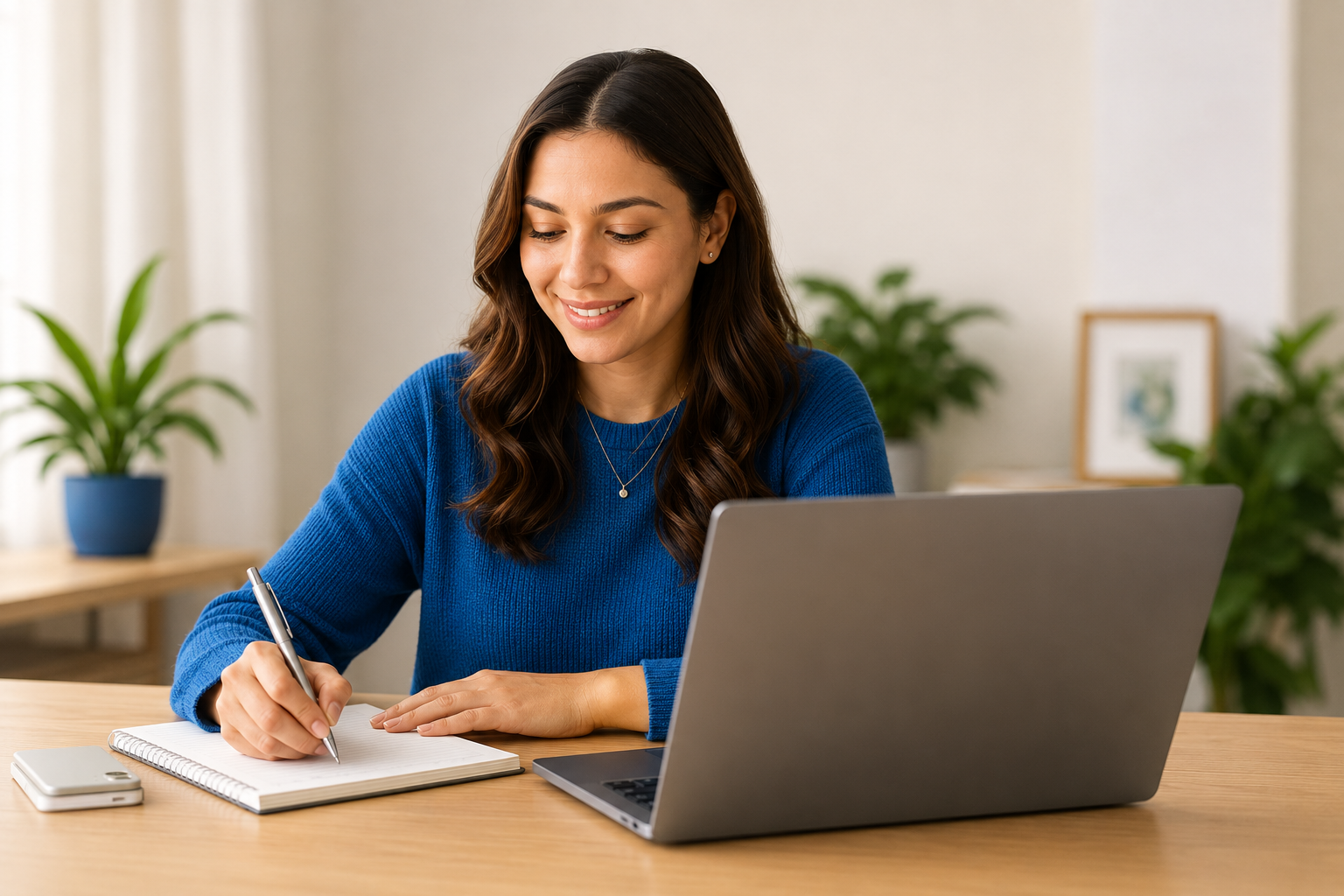 Woman writing in notebook beside laptop
